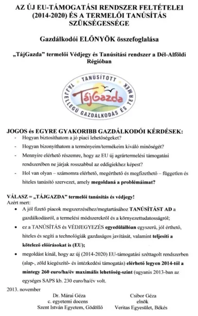 Dr. Márai Géza előadása - A megújuló EU támogatási rendszer és a tájgazda program ismertetése